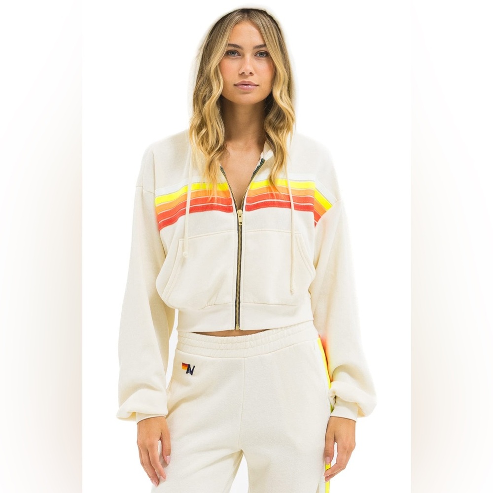 Aviator Nation 5 Stripe Cropped Zip Hoodie Relaxed in Vintage White Neon